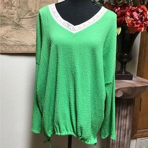 Gee Loretta Green V-Neck Blouse with Drawstring Hem